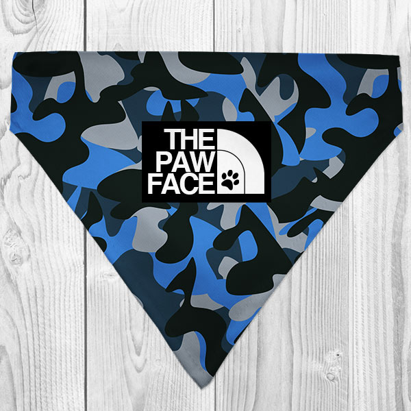 the paw face blue camo dog bandana