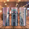 colourful gas mask man skinny tumbler with straw