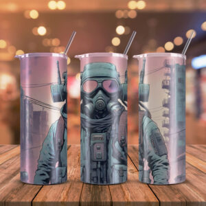 colourful gas mask man skinny tumbler with straw